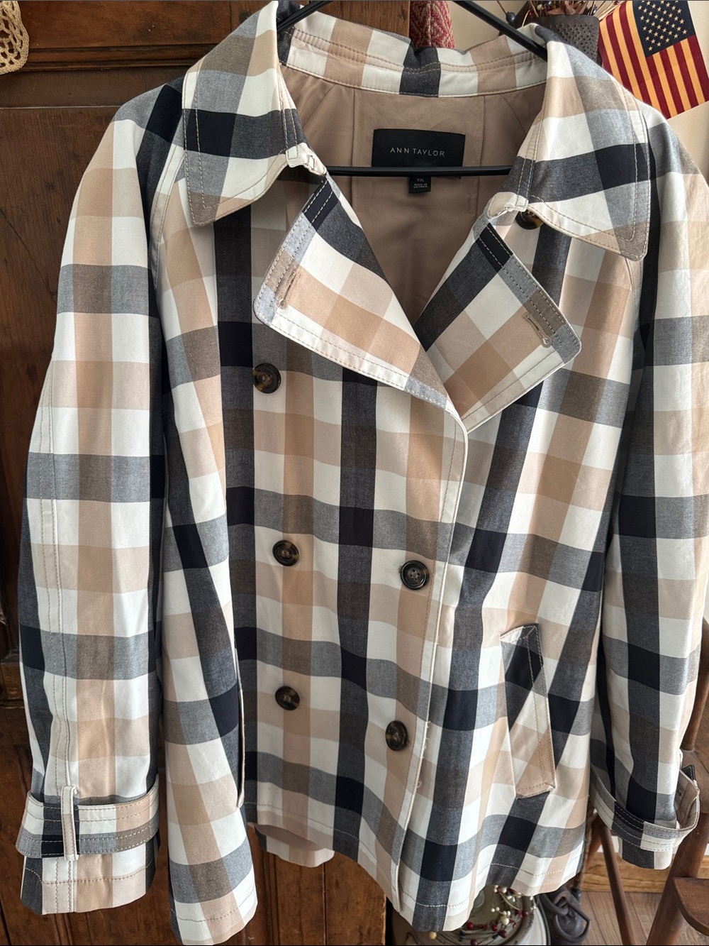 Ann Taylor Plaid Trench Jacket Women Plaid XXL Double Breasted Mid Length